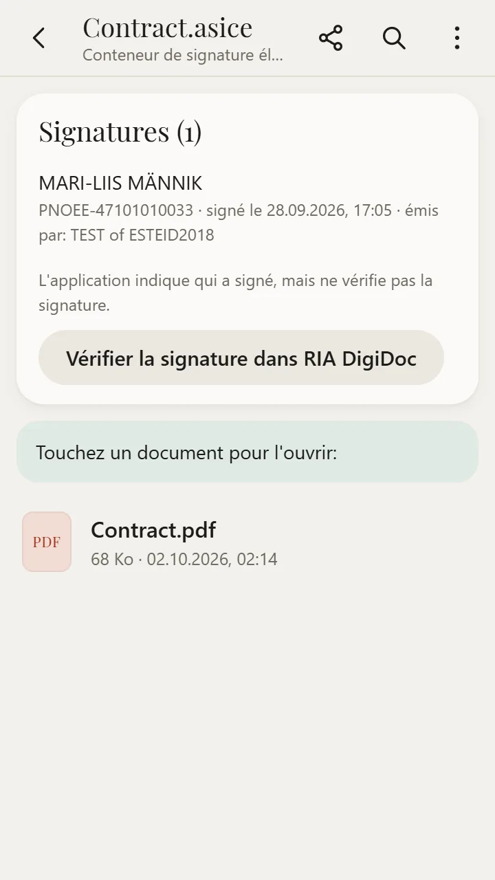 Fichier ASICE / BDOC ouvert dans XanderFiles