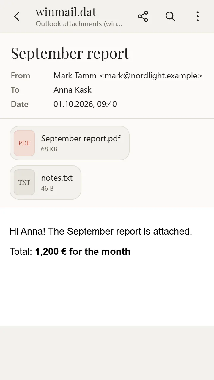winmail.dat opened in XanderFiles