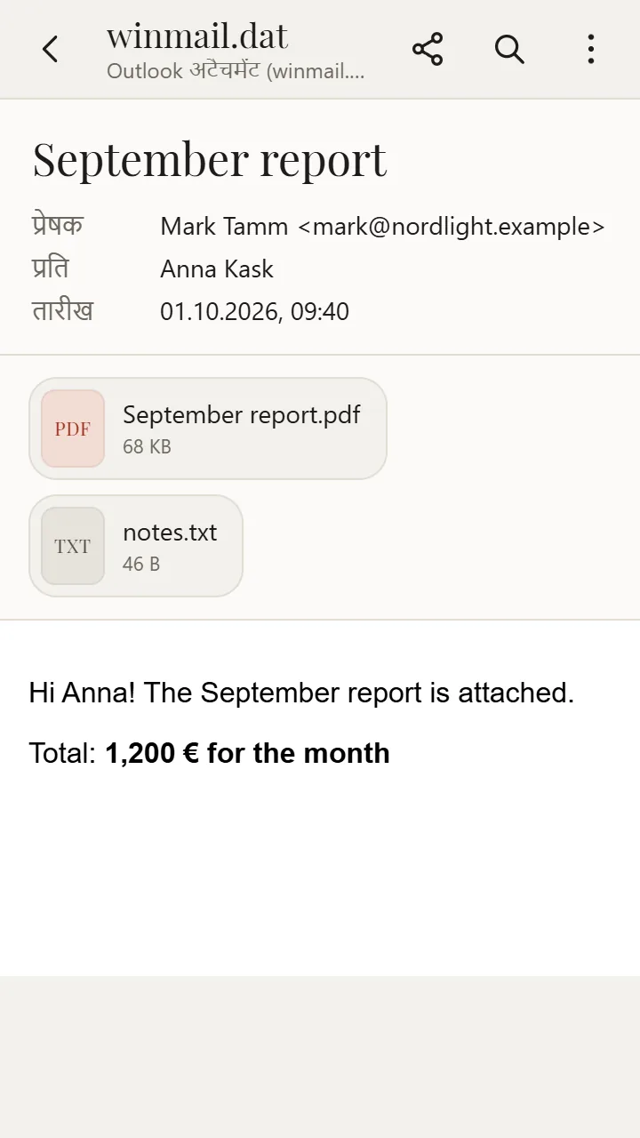 XanderFiles में खुली winmail.dat फ़ाइल