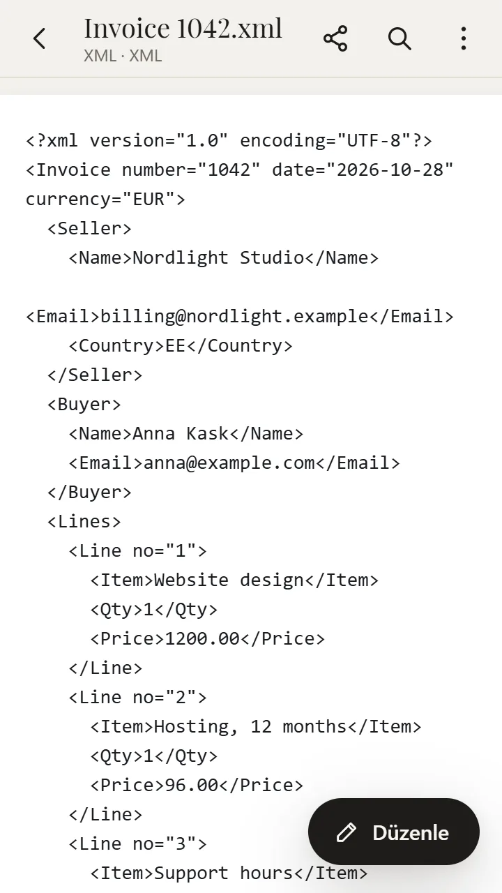 XanderFiles'ta açılmış XML dosyası